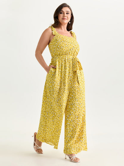 Floral Print Shoulder-Tie Ruffled Hem Jumpsuit