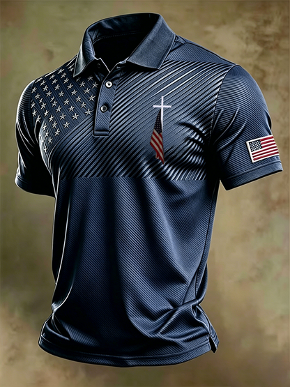 Men'S Retro National Flag And Cross  Print Casual Polo Shirt