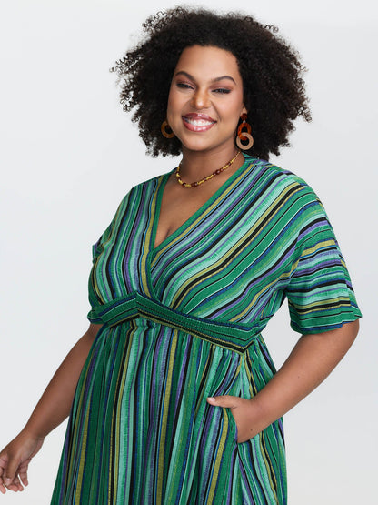 Striped Contrast Dolman Sleeve Shirred Pocket Split Flutter Dress