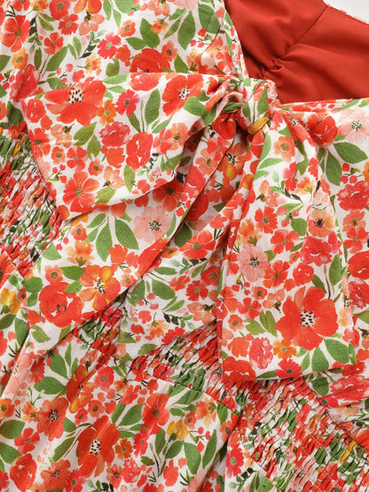 Floral Print Sweetheart Neckline Midi Dress