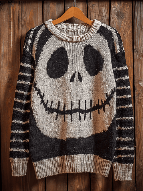 Men's Halloween Ghost Face Print Crew Neck Sweater
