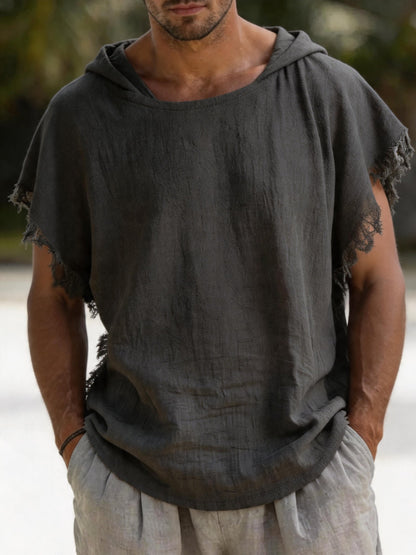 Men's Vintage Cotton-Linen Hoodie with Distressed Raw Edges