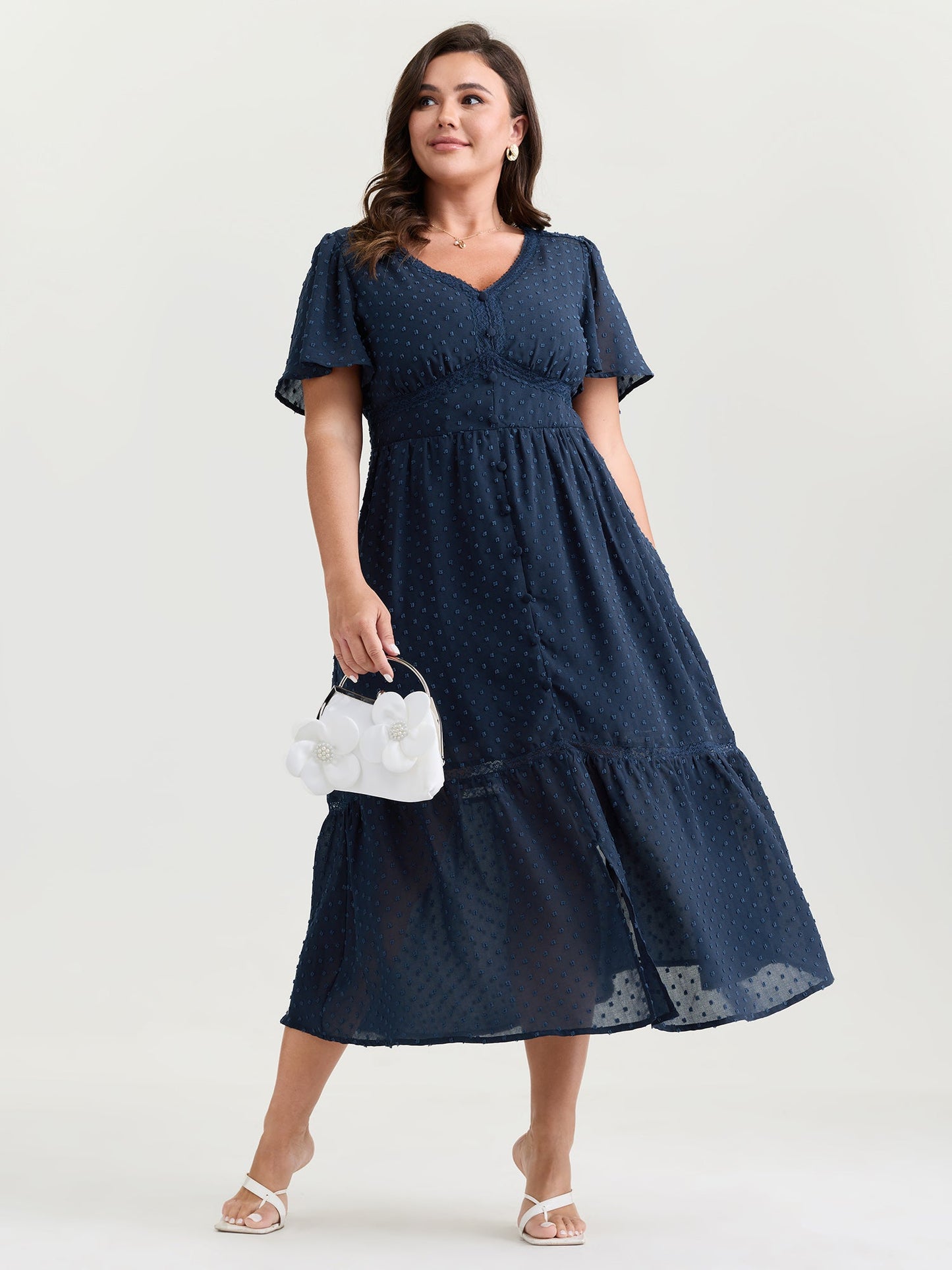 Textured Cinched-Waist V-Neck Midi Dress