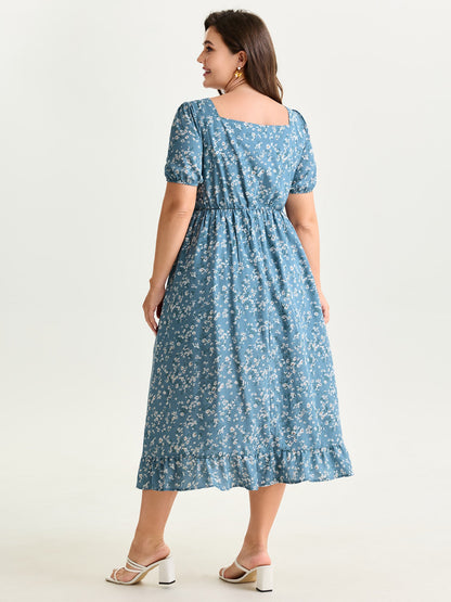 Floral Print Ruched Adjustable Drawstring Hem Midi Dress