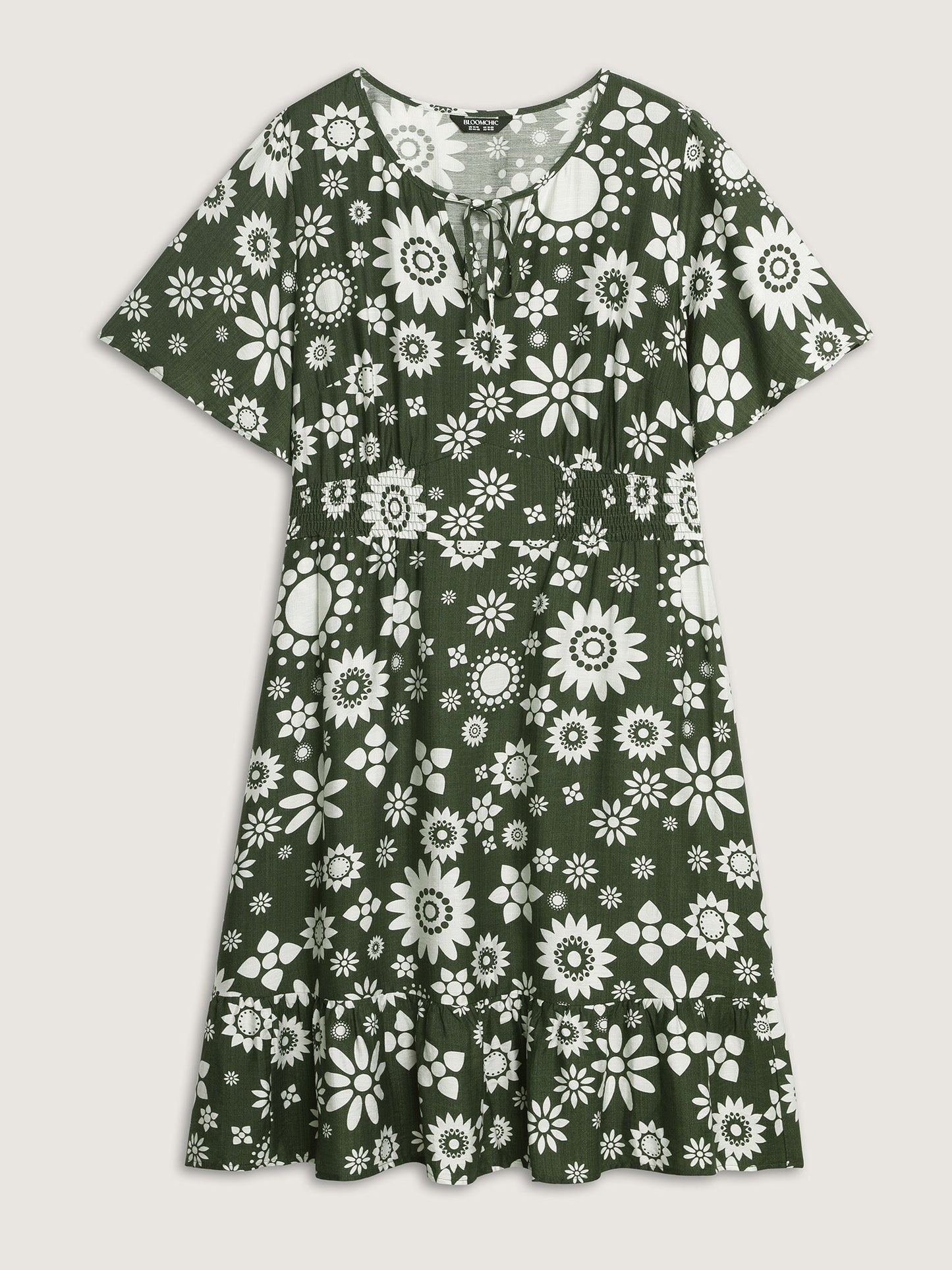 Monochrome Floral Print Shirred Midi Dress