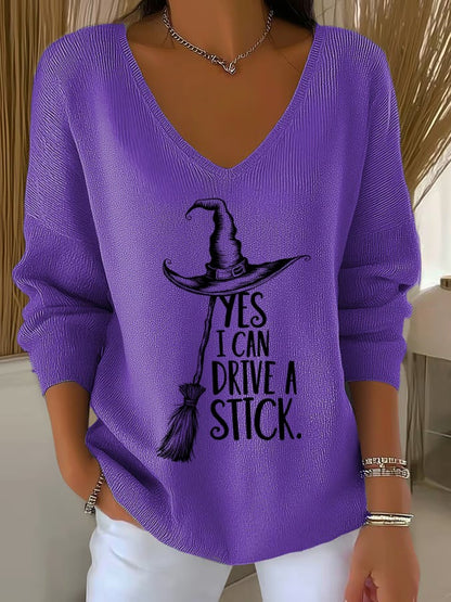 🔥Buy 2 Get 10% Off🔥Women'S Witch "Yes I Can Drive A Stick"  Print Drop Shoulder Sweater