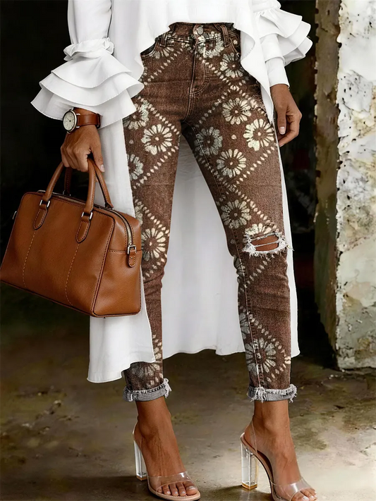 Women's Fashion Casual Retro Argyle Flowers Print Ripped Skinny Jeans