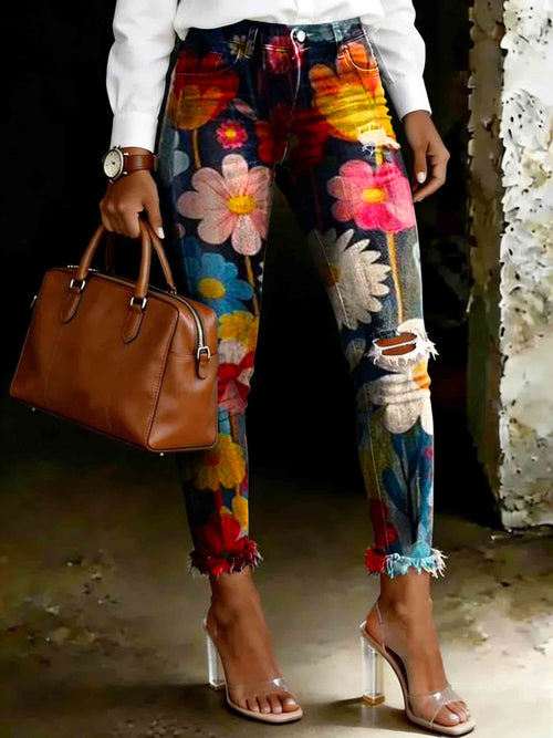 Women's Vintage Colorful Floral Print Ripped Skinny Jeans