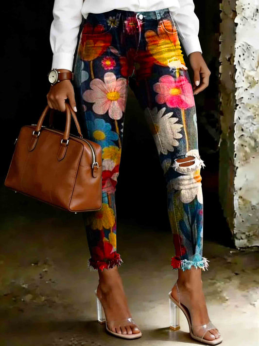 Women's Vintage Colorful Floral Print Ripped Skinny Jeans