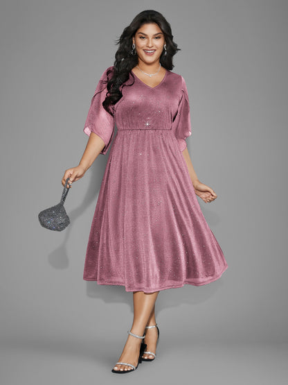 Glitter Mesh Petal Sleeve Midi Dress