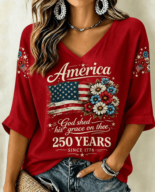 250th Anniversary Flag with Small Floral Print V-neck Half Sleeved Loose Top