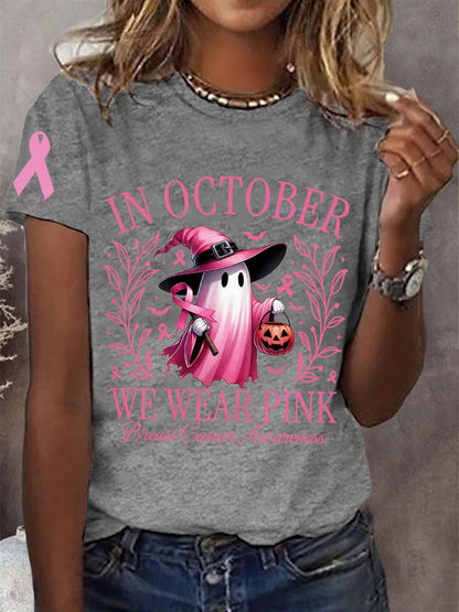 Women's In October We Wear Pink Halloween Ghost Breast Cancer Awareness Tee