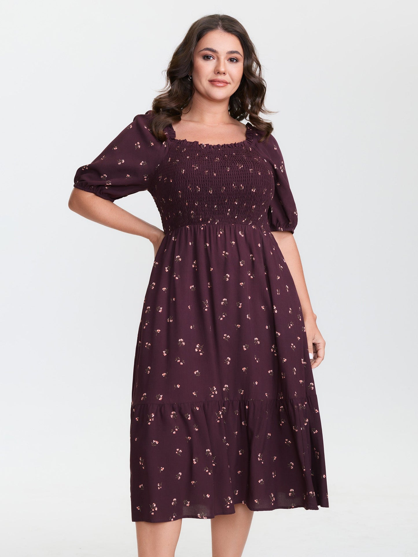 Micro Floral Shirred Bodice Midi Dress
