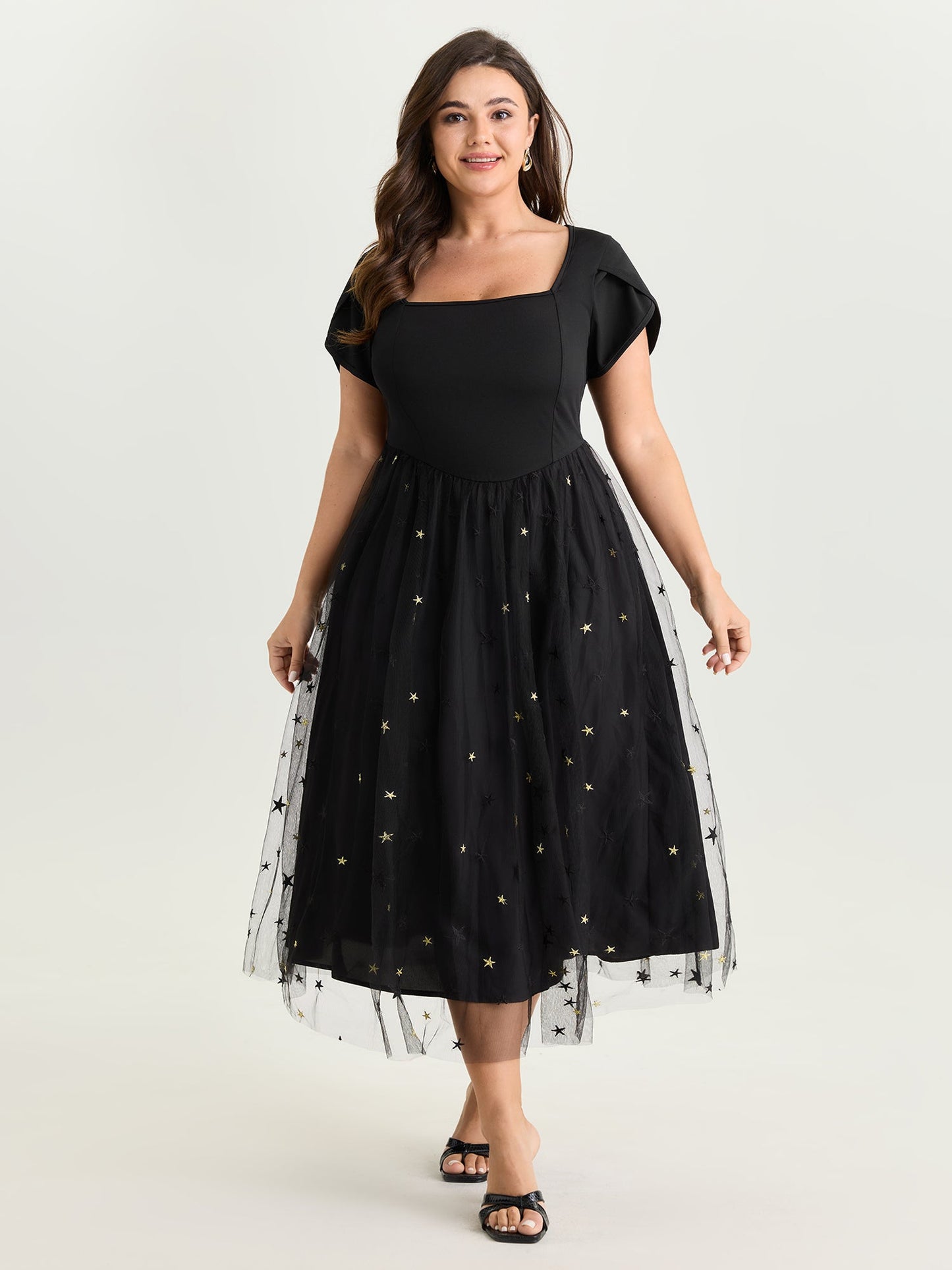 Star Embroidered Square Neckline Midi Dress