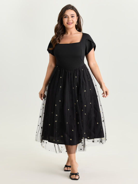 Star Embroidered Square Neckline Midi Dress