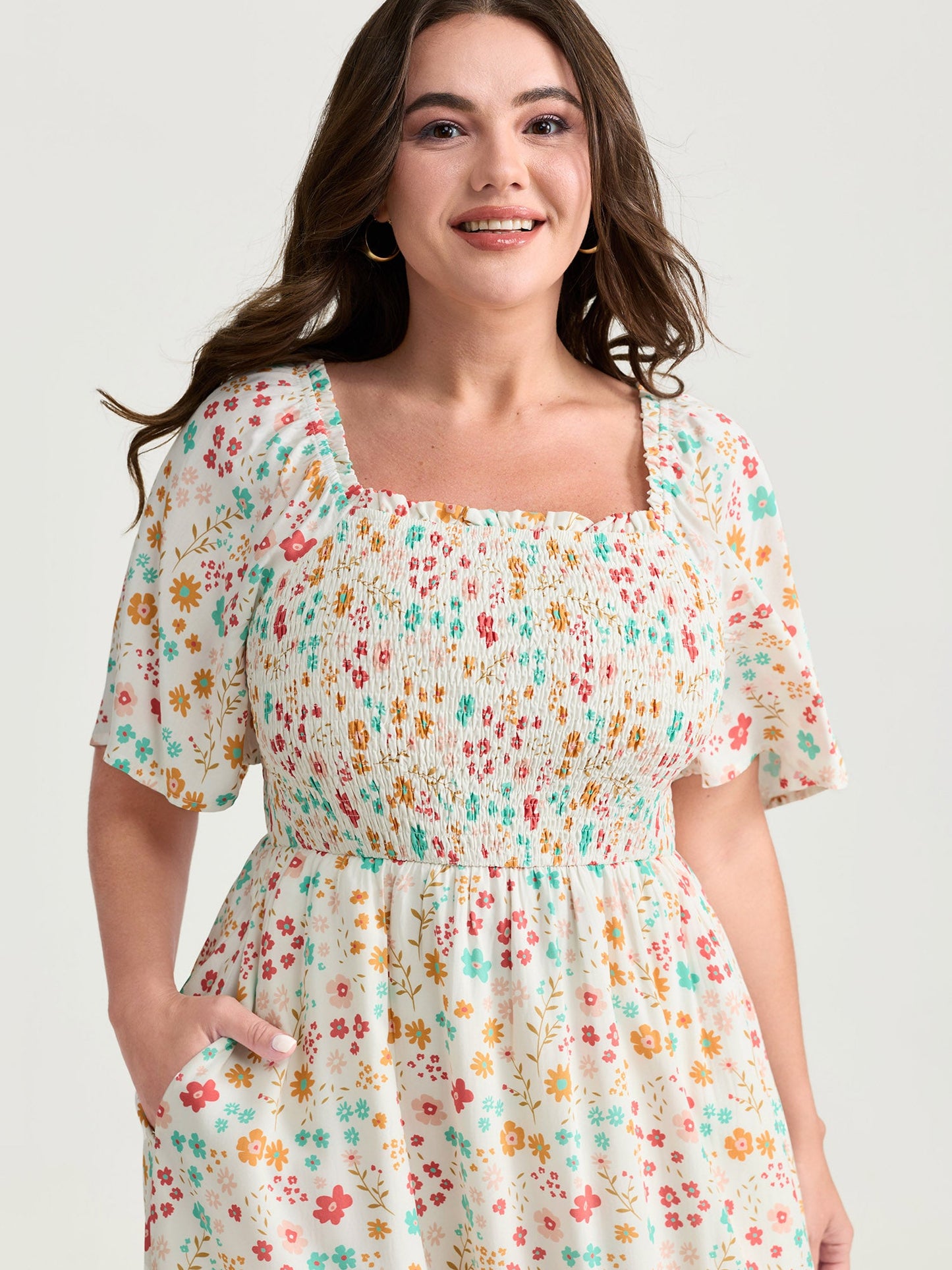 Sweet Floral Print Shirred Square Neckline Midi Dress