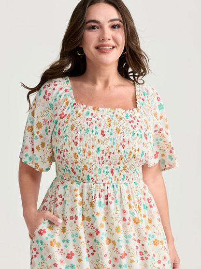 Sweet Floral Print Shirred Square Neckline Midi Dress