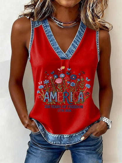 Women's casual retro American 250th V-Neck Vest