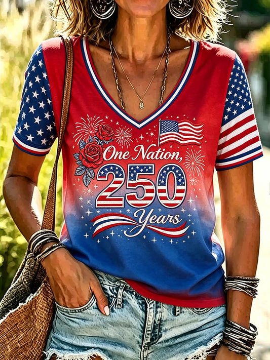 Women's Retro American 250th Anniversary V-neck Short-sleeved T-shirt