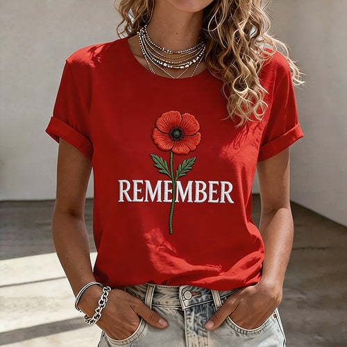 Women's Memorial Day Poppy Art Print Casual T-Shirt