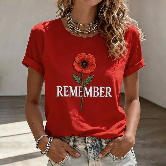 Women's Memorial Day Poppy Art Print Casual T-Shirt