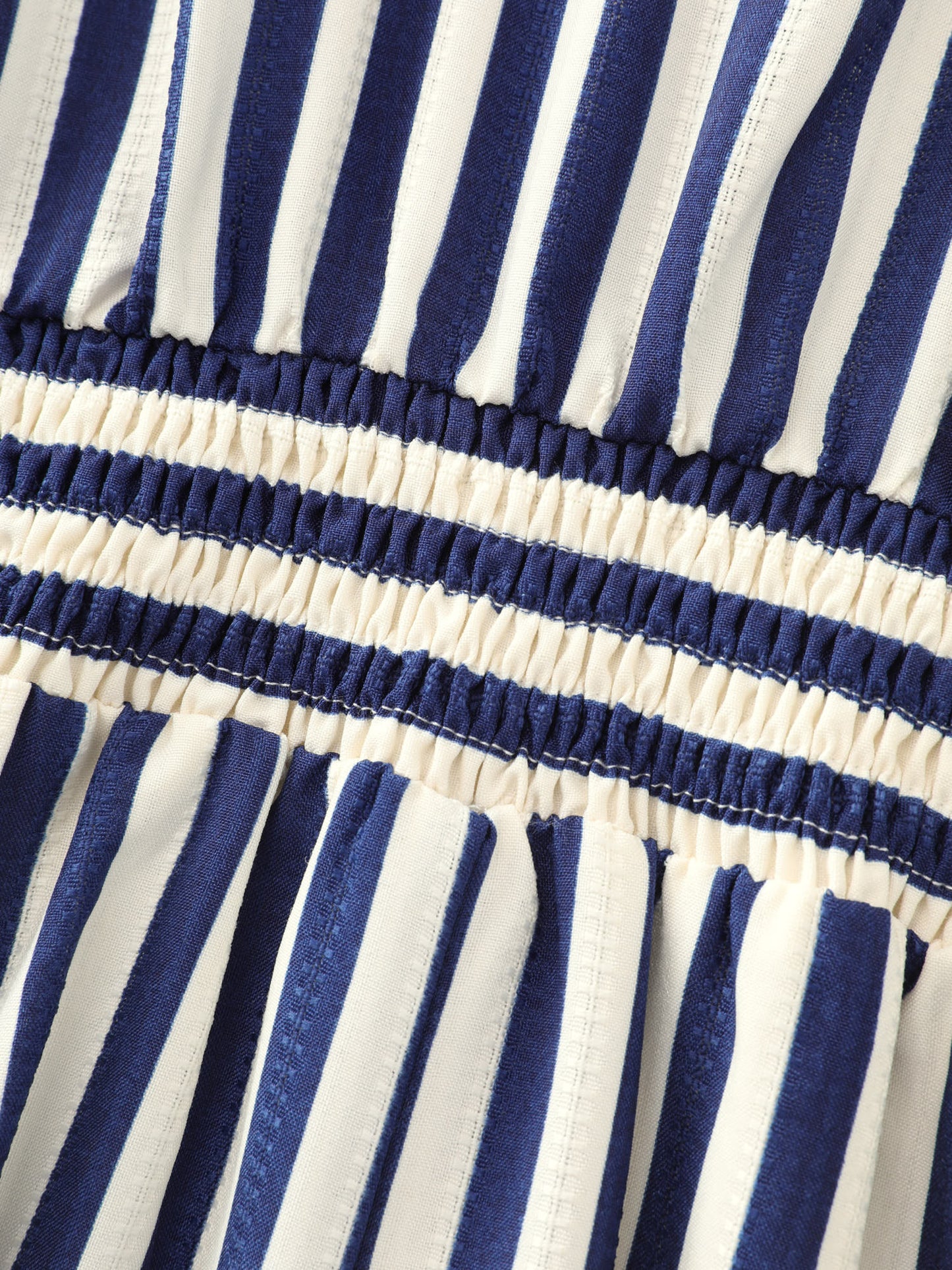Striped Print Shirred Button Detail Midi Dress