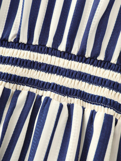 Striped Print Shirred Button Detail Midi Dress