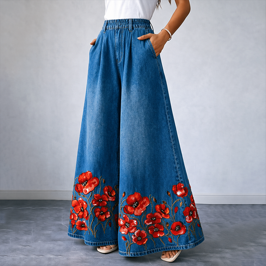 Women's "Red Friday" Poppy Print Casual Wide-Leg Pants