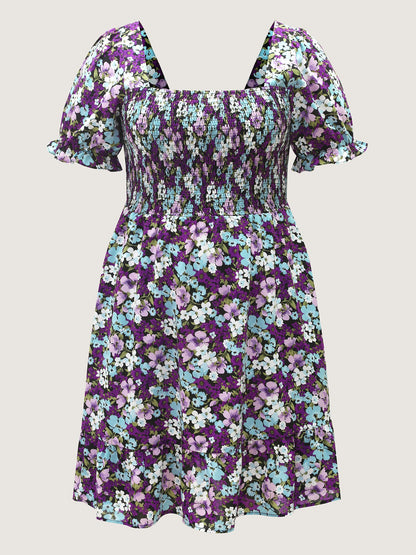 Floral Print Bowknot Puff Sleeve Mini Dress