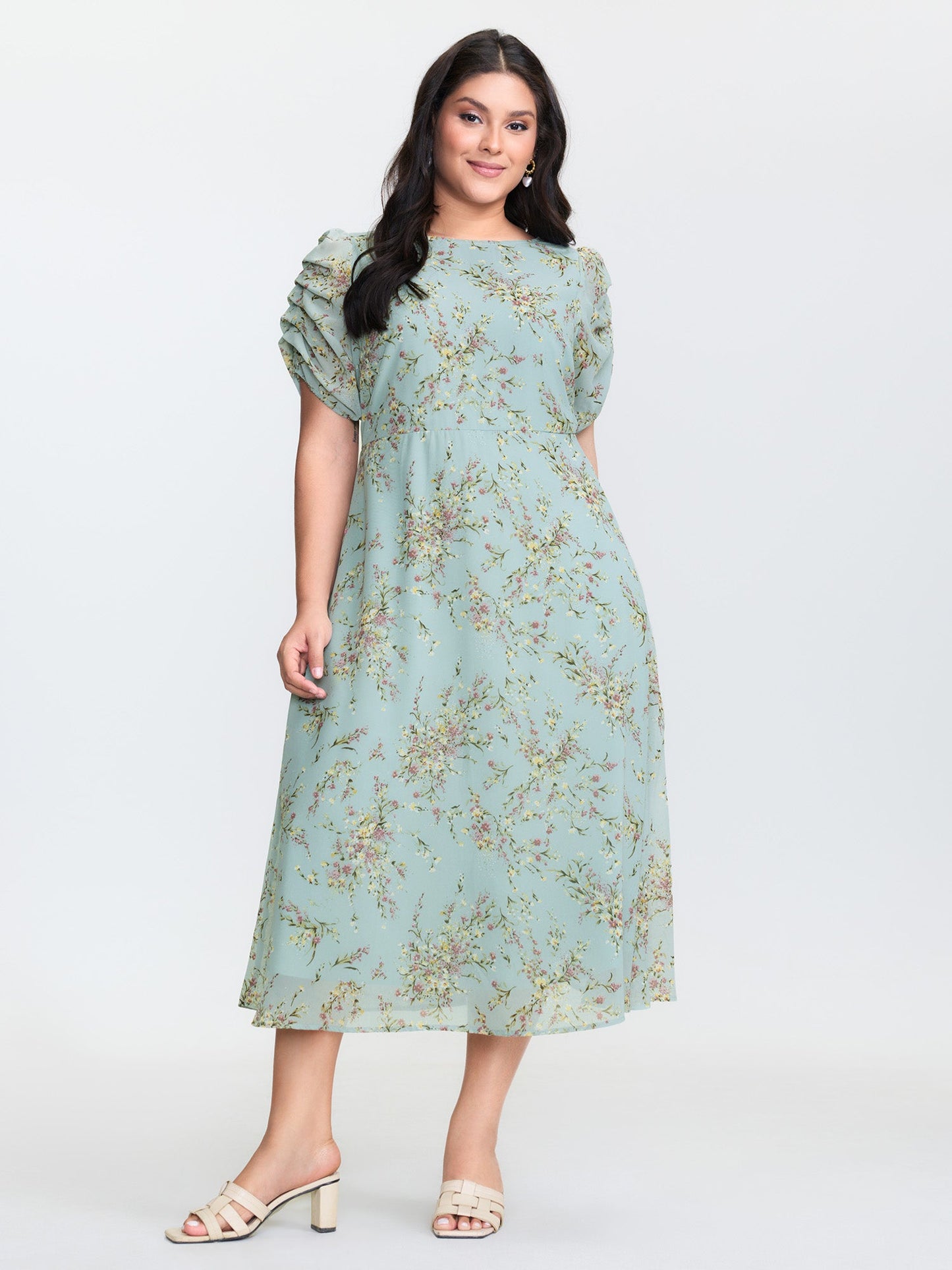 Floral Print Puffy Sleeve Midi Dress