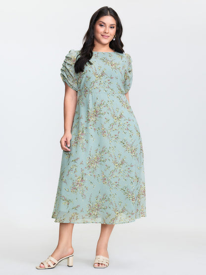 Floral Print Puffy Sleeve Midi Dress