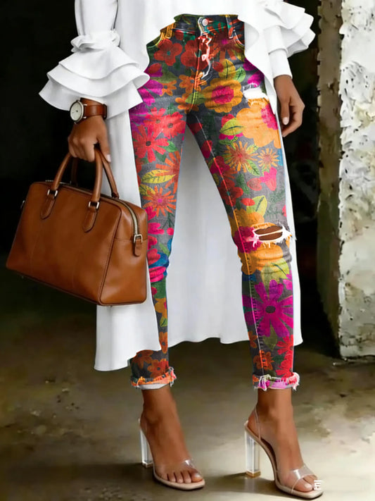 Women's Vintage Multicolor Floral Print Casual High-waisted Ripped Skinny Jeans