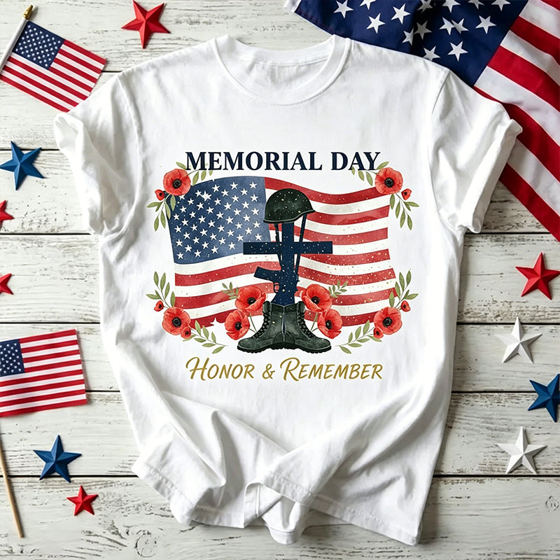 Women's Memorial Day Remember and Honor Poppy Art Printed T-Shirt