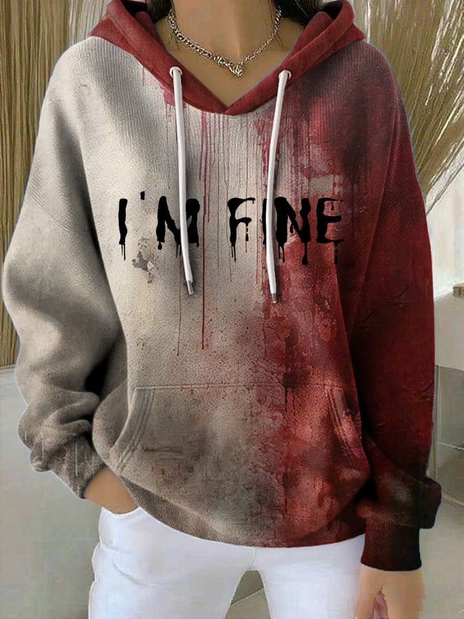 Women's Halloween Bloody I'm Fine Print Casual Ribbed Hoodie