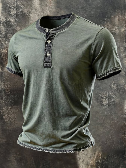 Men'S Vintage Washed Cotton Short-Sleeve Henley T-Shirt With Distressed Details