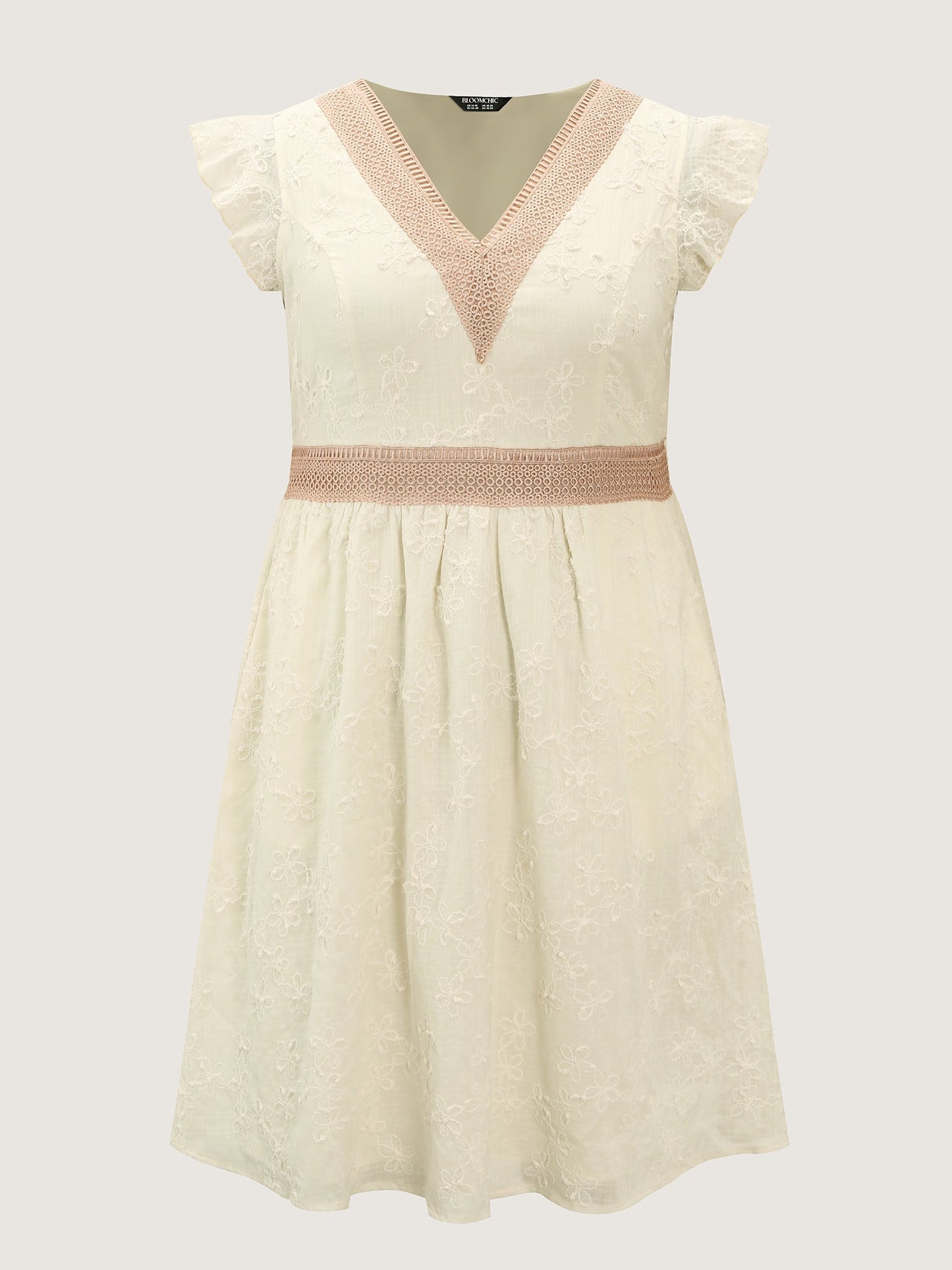 Textured Lace Trim V-Neck Flutter Sleeve Mini Dress