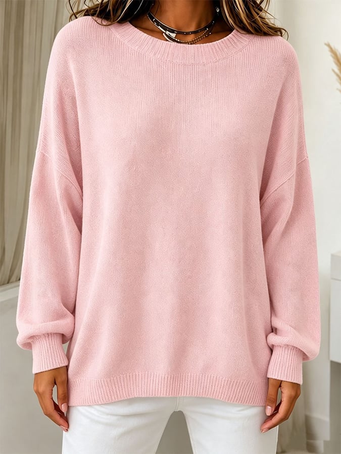 Women's Solid-Color Long-Sleeve Crew-Neck Knit Sweater