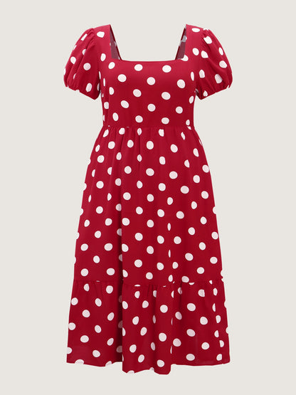 Polka Dots Shirred Cinched Waist Midi Dress