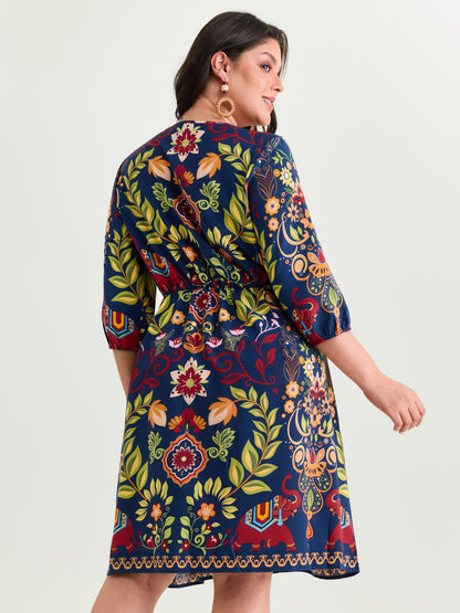 Boho Print V-Neck Pockets Mini Dress
