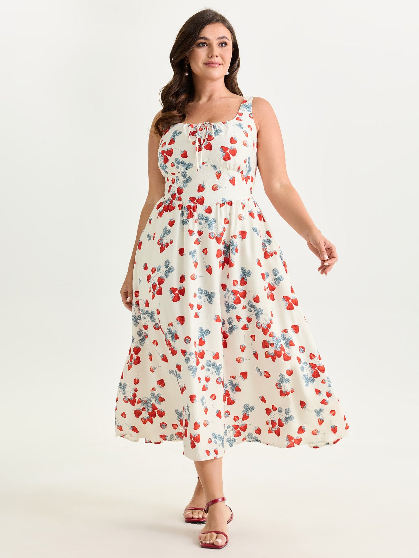 Strawberry Print Cinched-Waist Midi Dress