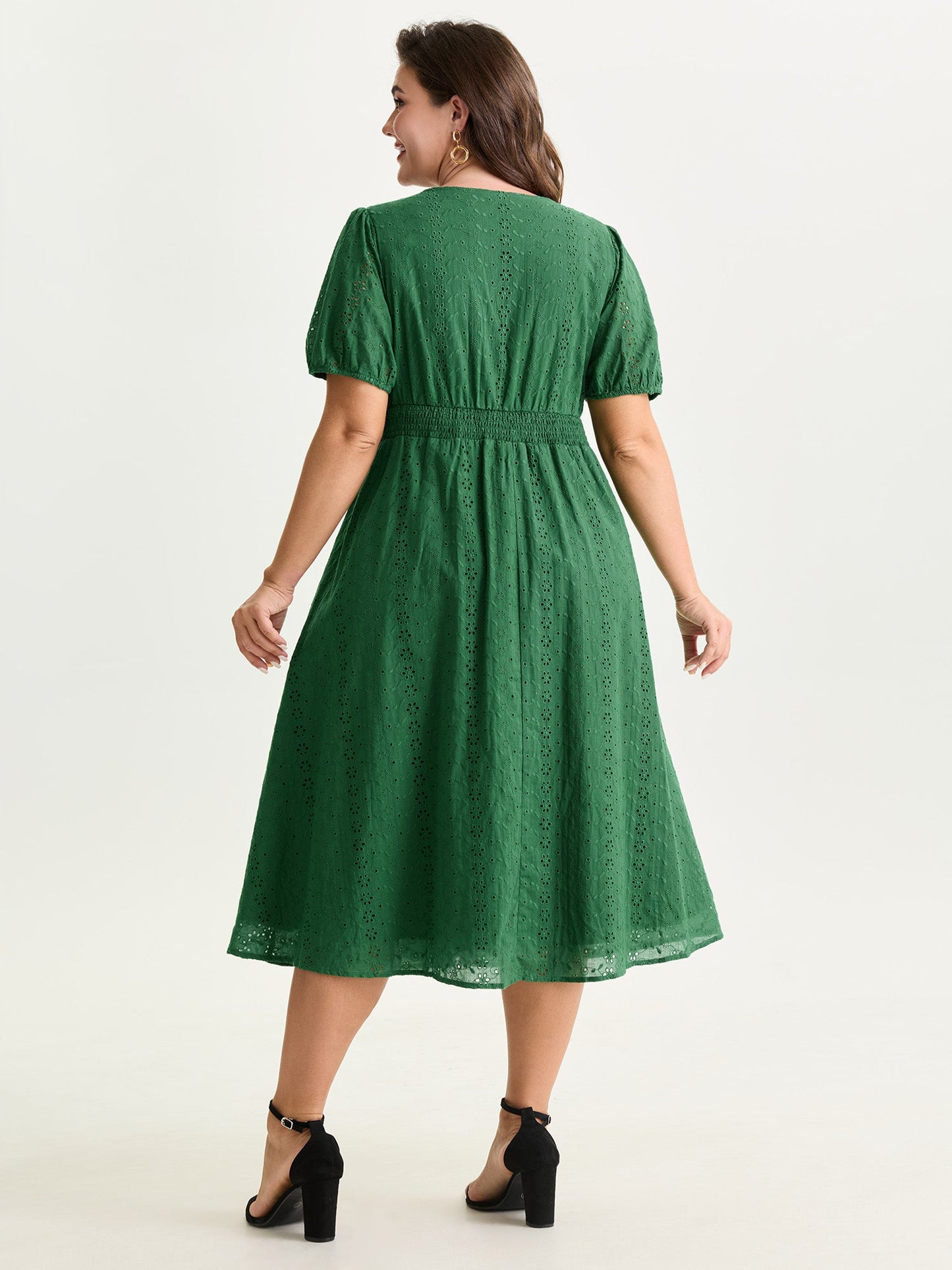 Cotton Eyelet Trim Cinched-Waist Midi Dress