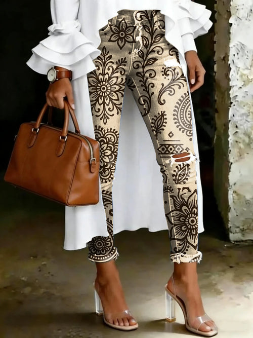 Women's Vintage Ethnic Totem Print Casual High-waisted Ripped Skinny Jeans