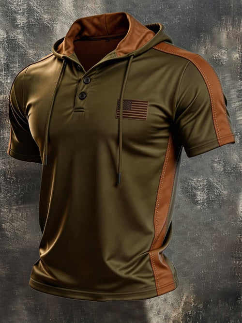 Men's Retro Color-Block Short-Sleeve Hooded T-Shirt