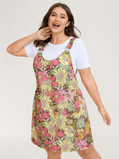 Floral Print Textured Overall Straps Dress
