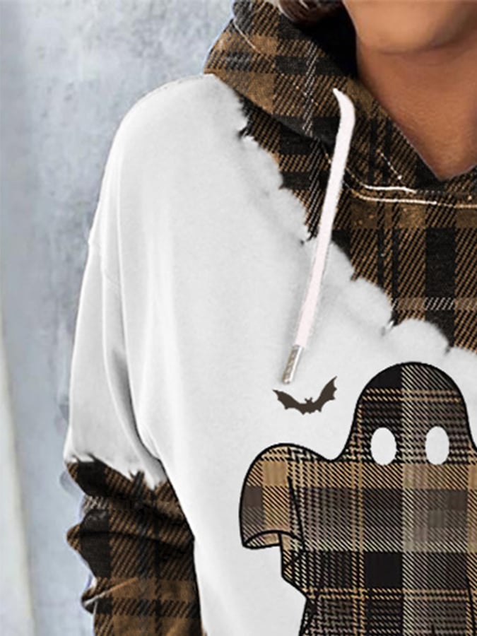 🔥HOT SALE🔥Retro Halloween Ghost & Bats Flannel Plaid Print Hoodie
