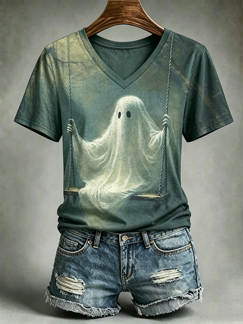 Women's Vintage Spider Art V-neck Short Sleeve Linen T-shirt