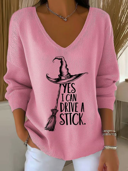 🔥Buy 2 Get 10% Off🔥Women'S Witch "Yes I Can Drive A Stick"  Print Drop Shoulder Sweater