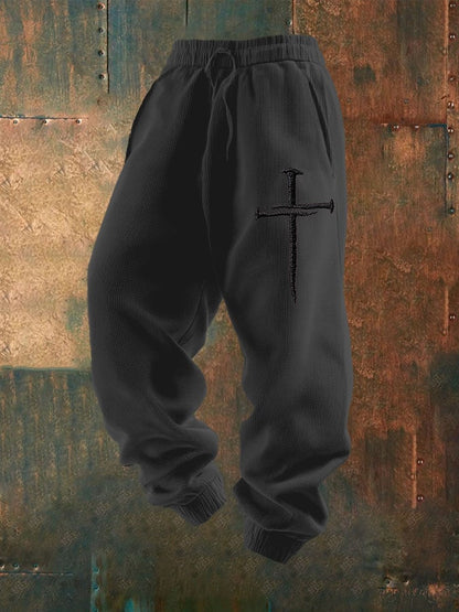 Men's Cross Print Textured Casual Loose Sweatpants