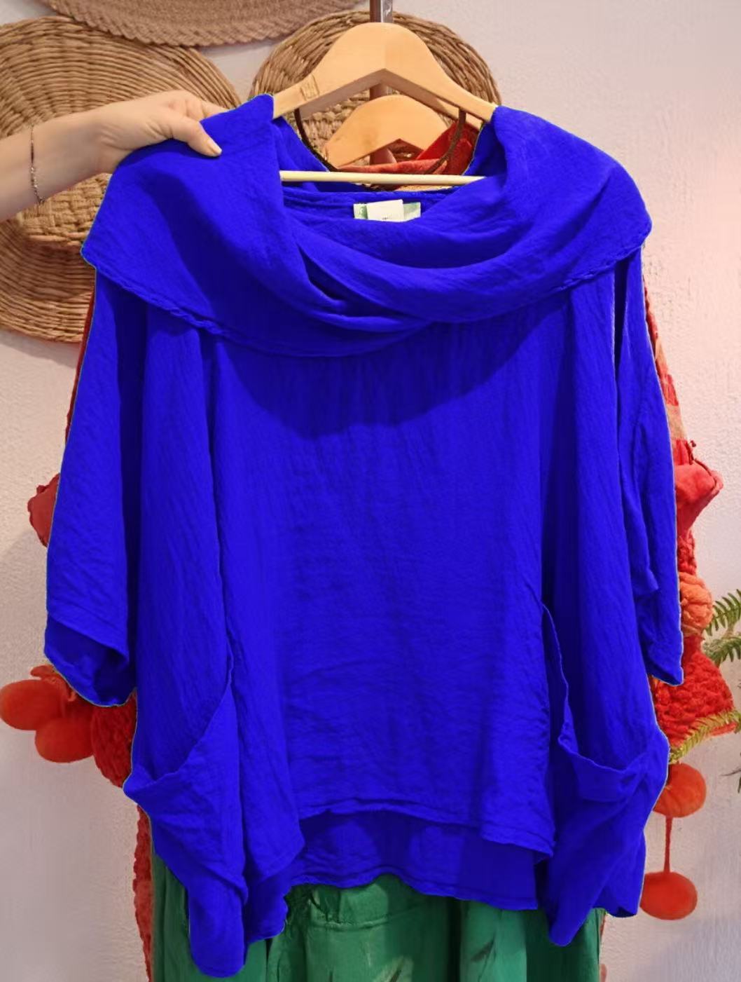 Women's Solid Color Draped Neck 3/4 Sleeve Comfortable Casual Linen Pocket Top