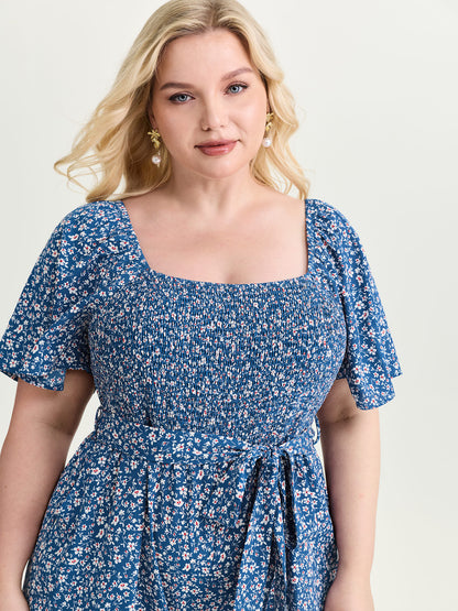 Micro Floral Print Shirred Bodice Jumpsuit